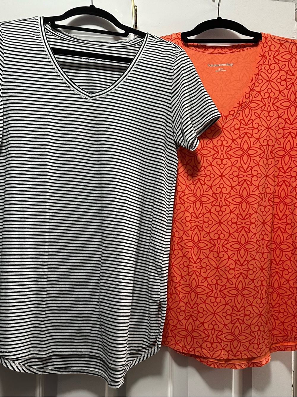 Soft Surroundings bundle of 2 
Black & White V-Neck Tee + Orange Patterned V-Nec